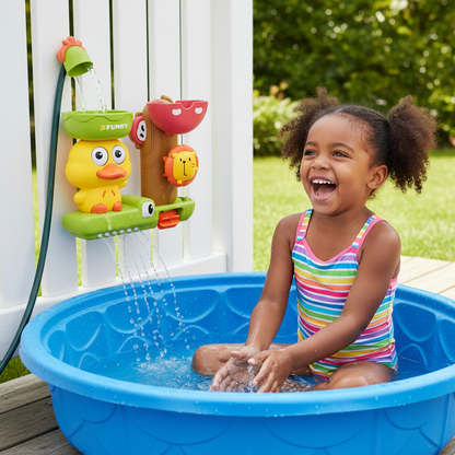 Karikatur Badeente mit Wasserrad – Spielspaß beim Baden für Kinder
