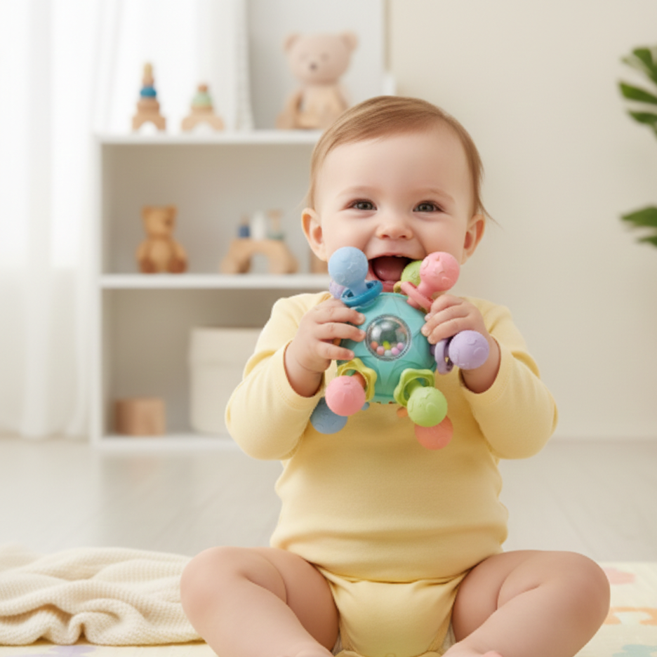 Sensorischer Montessori Beißball für Babys – Greifen, Hören, Fühlen