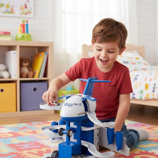 Großes Flugzeug Parkhaus mit Autos & Musik – Geschenk für Kids