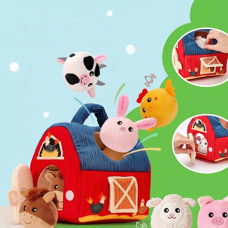 Montessori Farmhaus mit 6 Plüschtieren – Rassel & Knister-Spielzeug