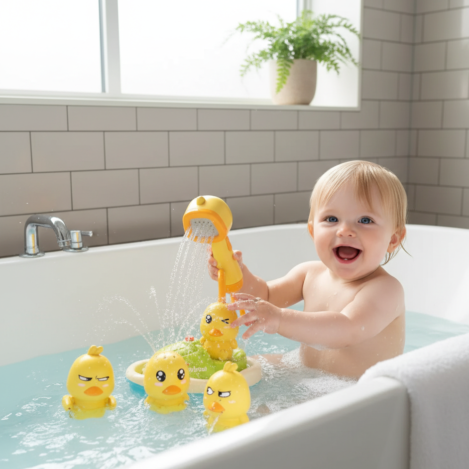 Baby Badespielzeug – Spritzende Enten & Motorboot mit Musikfunktion