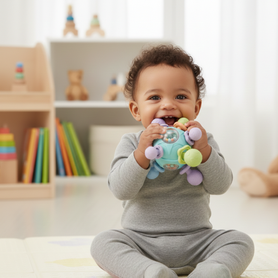 Sensorischer Montessori Beißball für Babys – Greifen, Hören, Fühlen