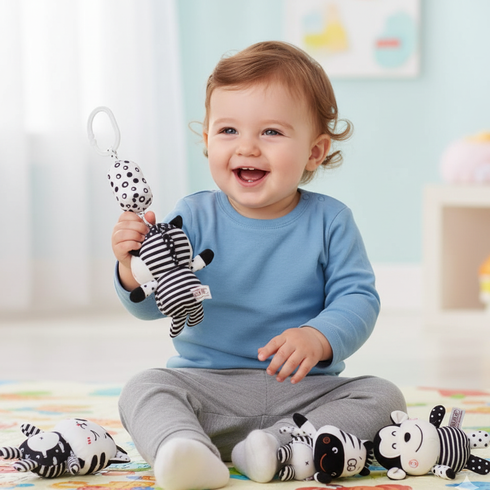 Baby Schwarz-Weiß Plüsch Rassel-Mobile für Bett & Kinderwagen