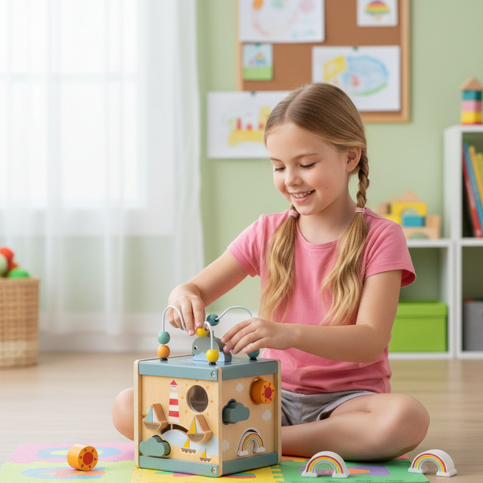 5-in-1-Aktivitätswürfel aus Holz – Montessori-Lernen durch Spielen
