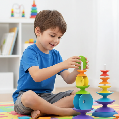 Bunter Regenbogen-Stapelring Turm – Montessori Lernspielzeug für 3-6J.