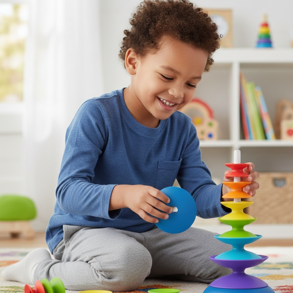 Bunter Regenbogen-Stapelring Turm – Montessori Lernspielzeug für 3-6J.