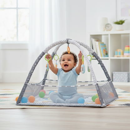 Multifunktionale Baby Spiel- & Krabbelmatte mit Fitnessrahmen