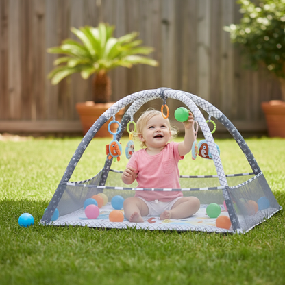 Multifunktionale Baby Spiel- & Krabbelmatte mit Fitnessrahmen