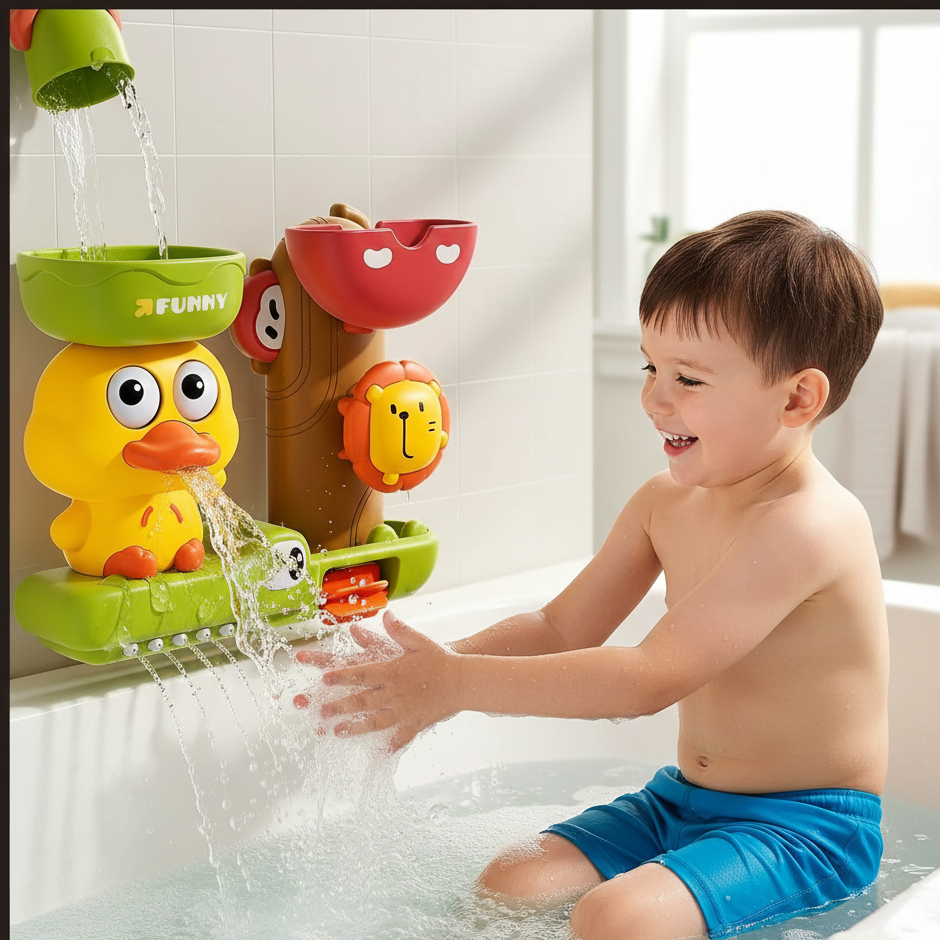 Karikatur Badeente mit Wasserrad – Spielspaß beim Baden für Kinder