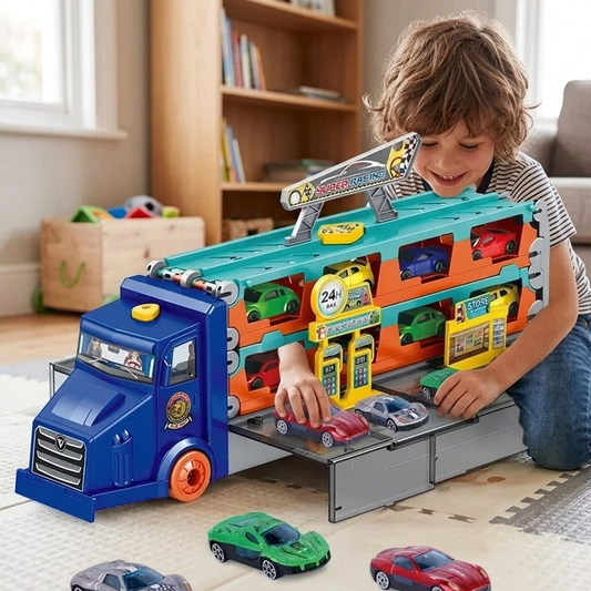 Großer Auto Transport Truck mit Rennstrecke & 6 Autos