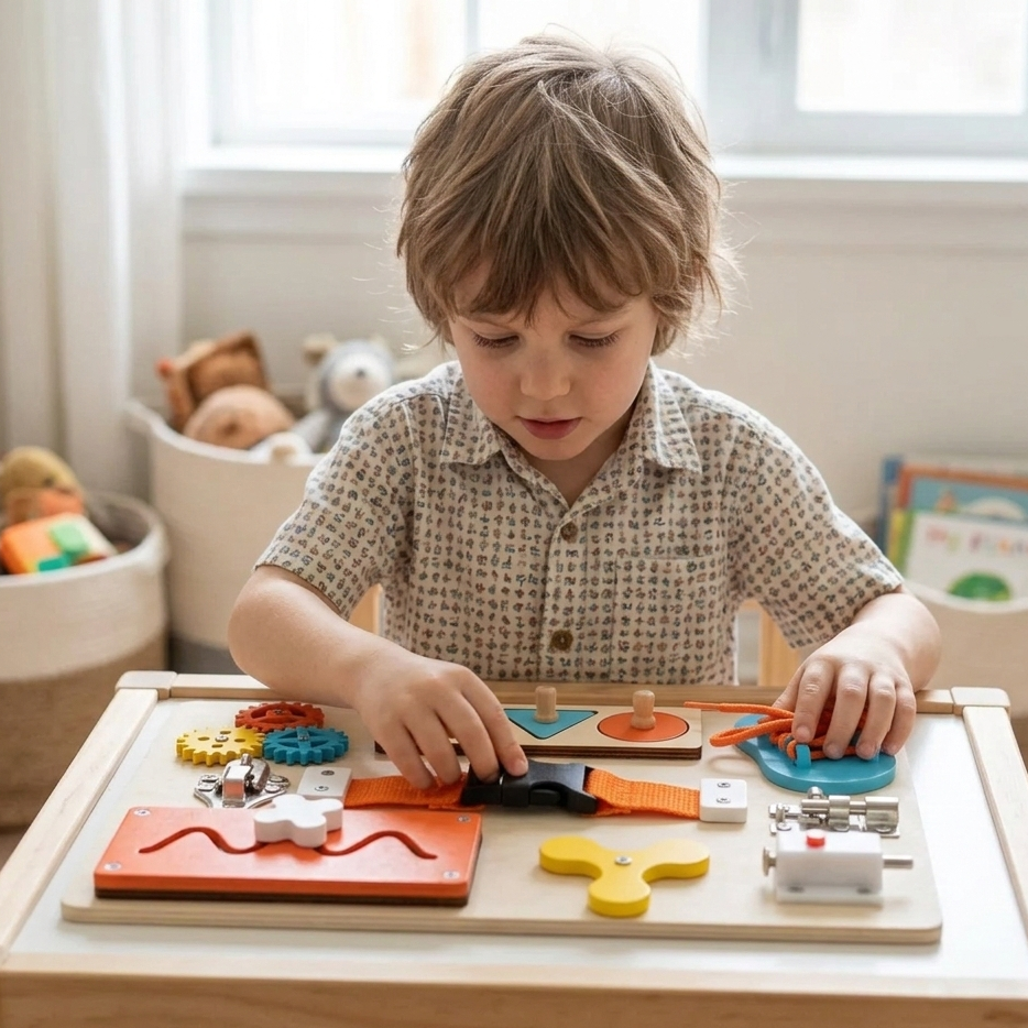 Montessori Busy Board aus Holz – Motorikspielzeug für Kinder