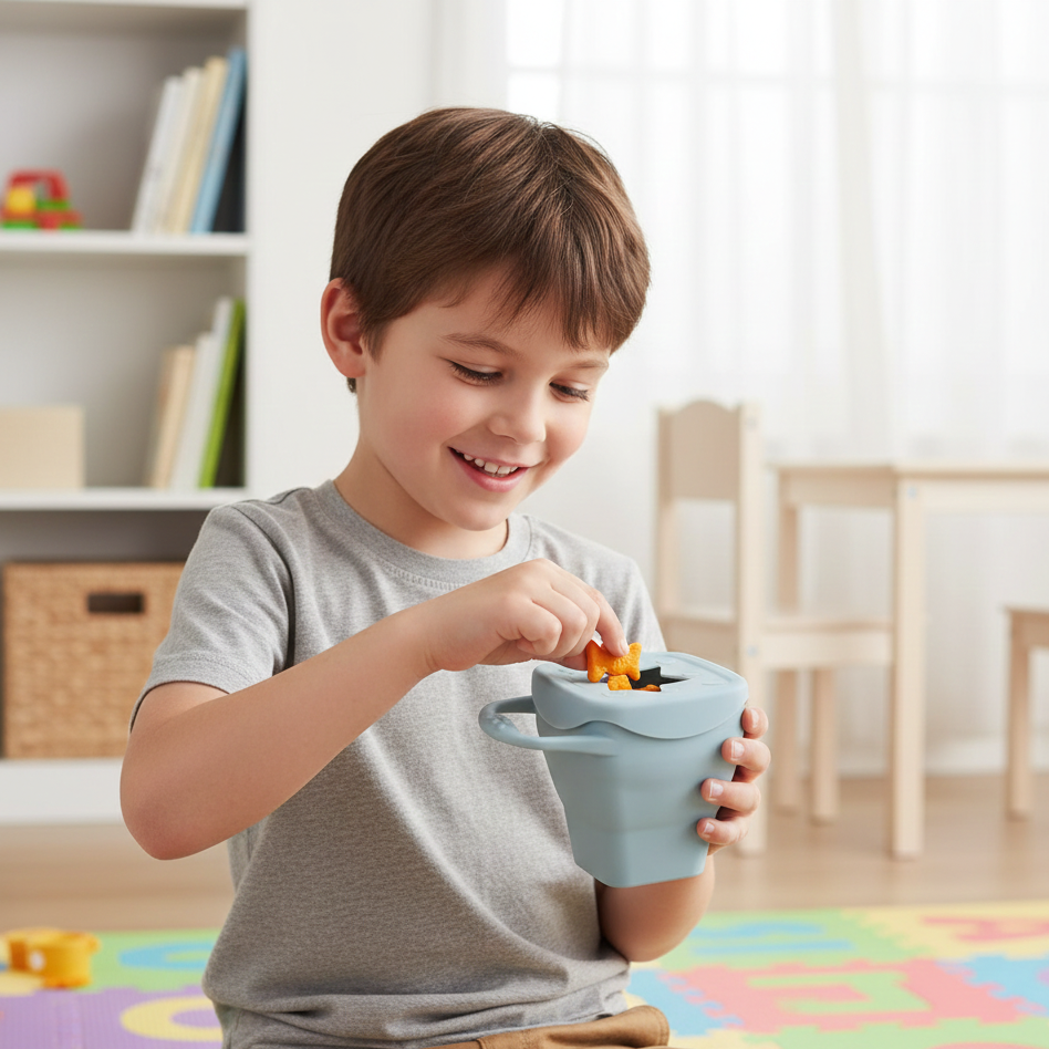 Baby Silikon Snackbecher – Auslaufsicher, sicher & tragbar für Kleinkinder