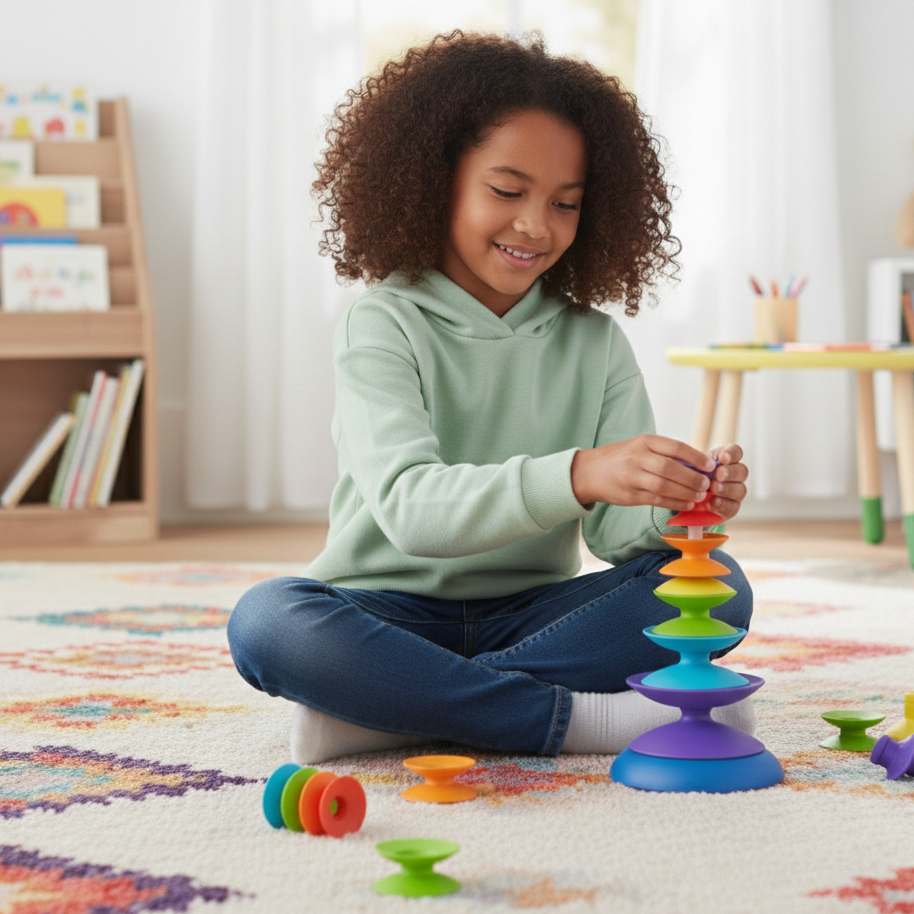 Bunter Regenbogen-Stapelring Turm – Montessori Lernspielzeug für 3-6J.