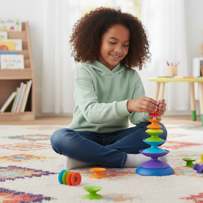 Bunter Regenbogen-Stapelring Turm – Montessori Lernspielzeug für 3-6J.