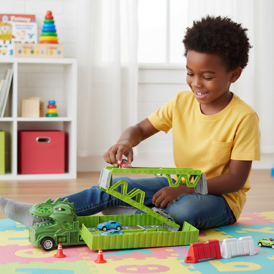 Dino Transporter Truck mit Rennautos & Garage
