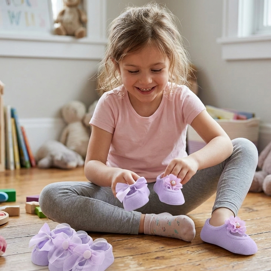 Baby Mädchen Socken mit Schleife & Blume – 3er Satz Baumwolle