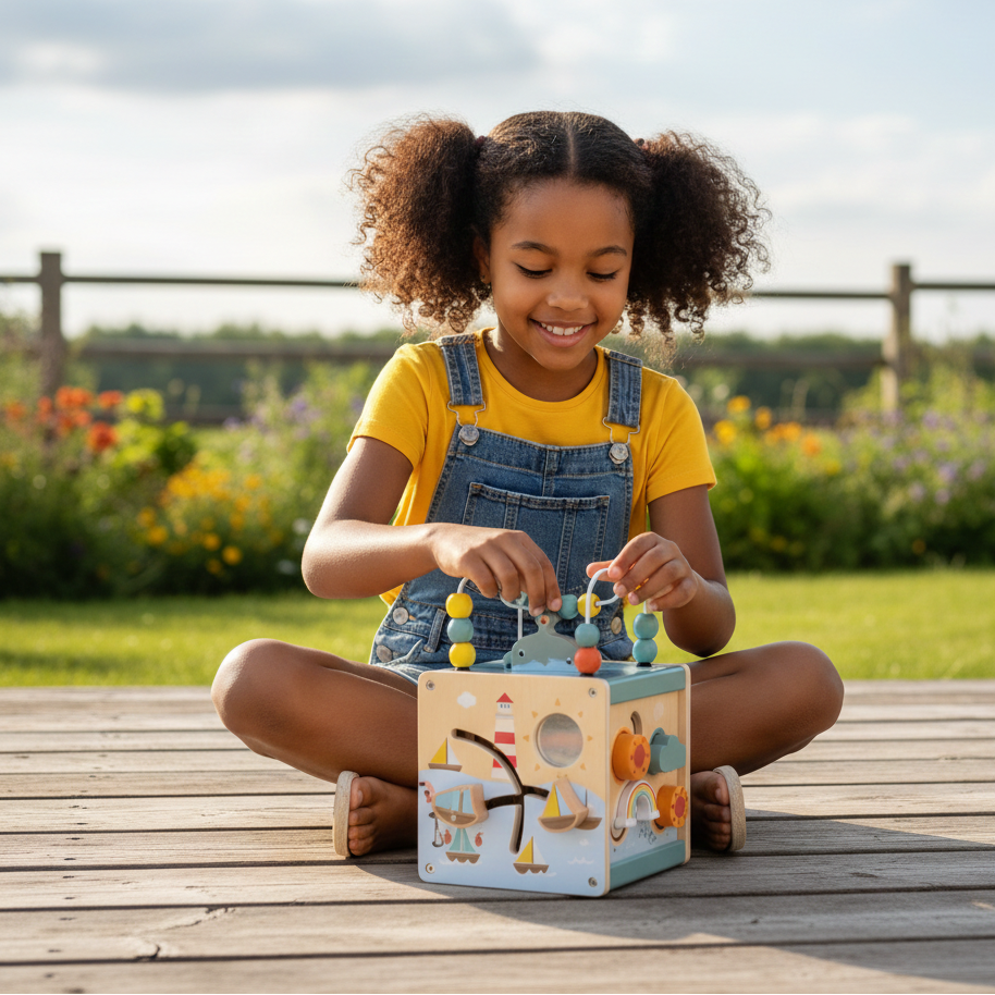 5-in-1-Aktivitätswürfel aus Holz – Montessori-Lernen durch Spielen