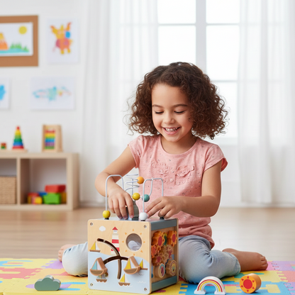 5-in-1-Aktivitätswürfel aus Holz – Montessori-Lernen durch Spielen
