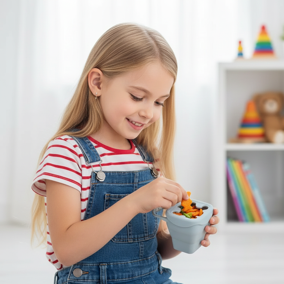 Baby Silikon Snackbecher – Auslaufsicher, sicher & tragbar für Kleinkinder
