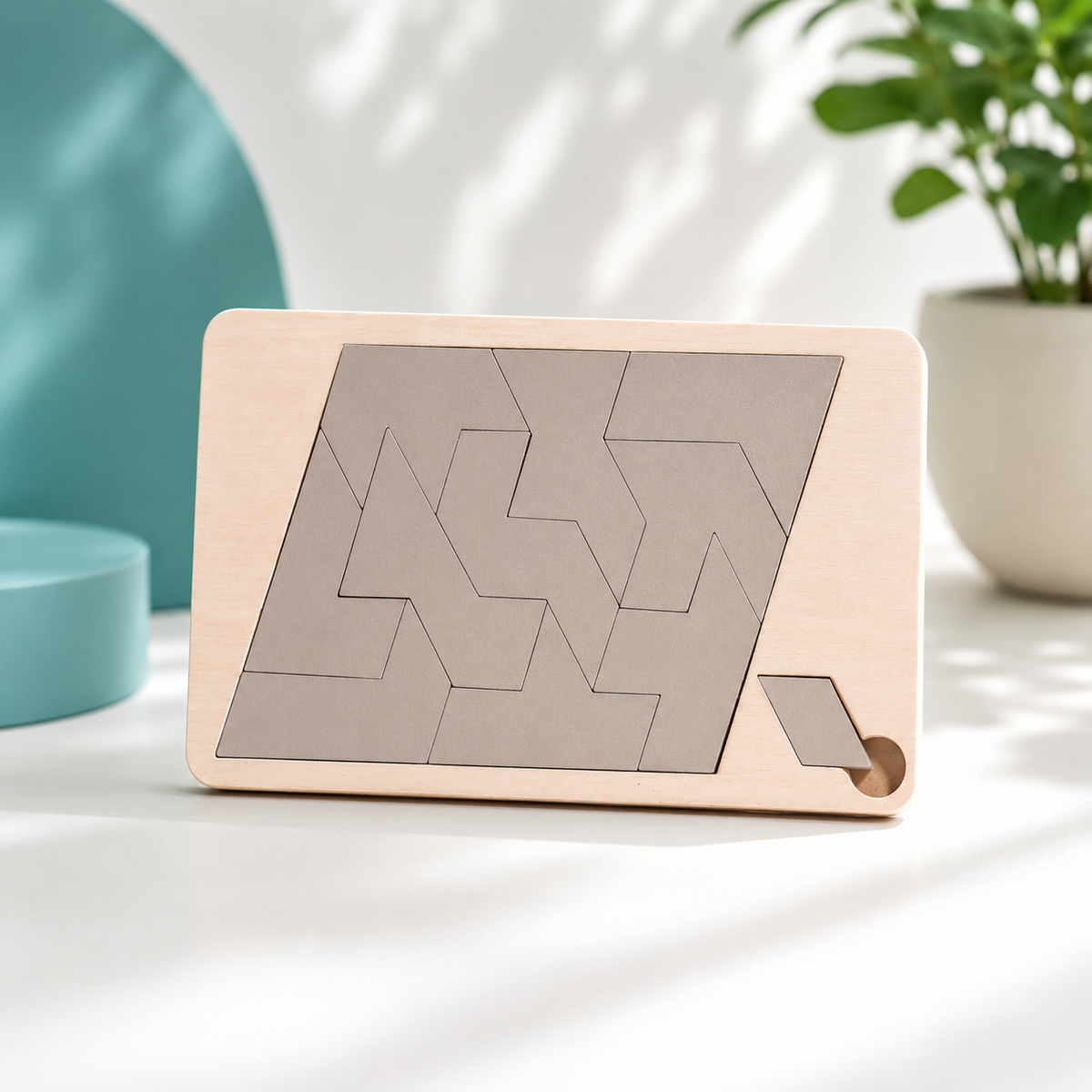 Helles Holzpuzzle mit passenden geometrischen Formteilen.
