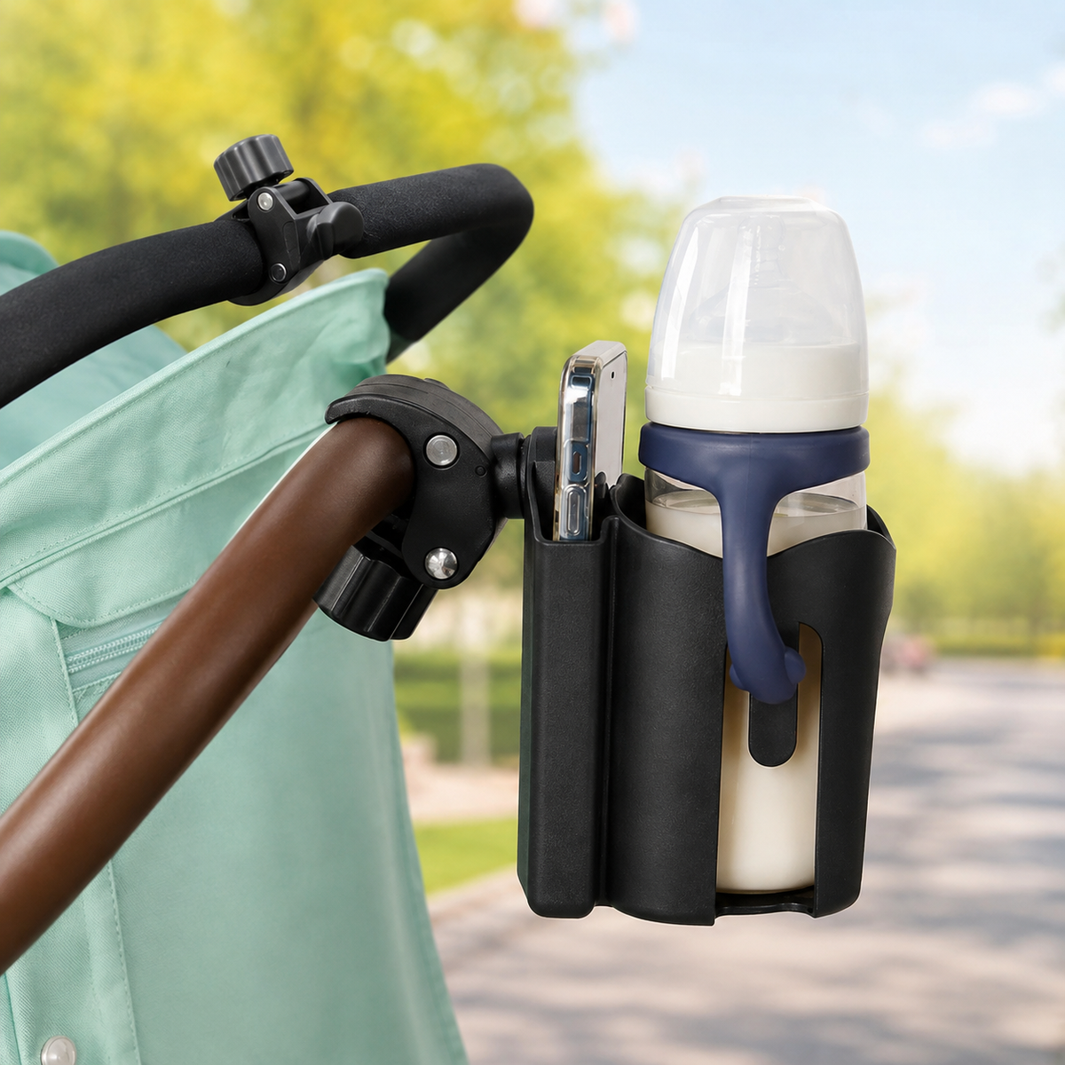 Praktischer Halter für Flasche und Smartphone unterwegs.