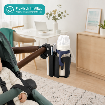 Praktischer Halter für Flasche und Smartphone unterwegs.