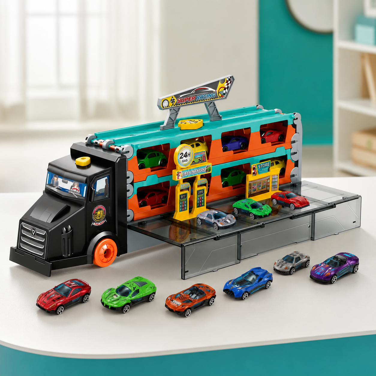 Großer Auto Transport Truck mit Rennstrecke & 6 Autos Schwarz