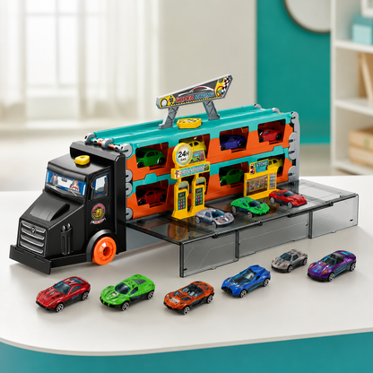 Großer Auto Transport Truck mit Rennstrecke & 6 Autos Schwarz