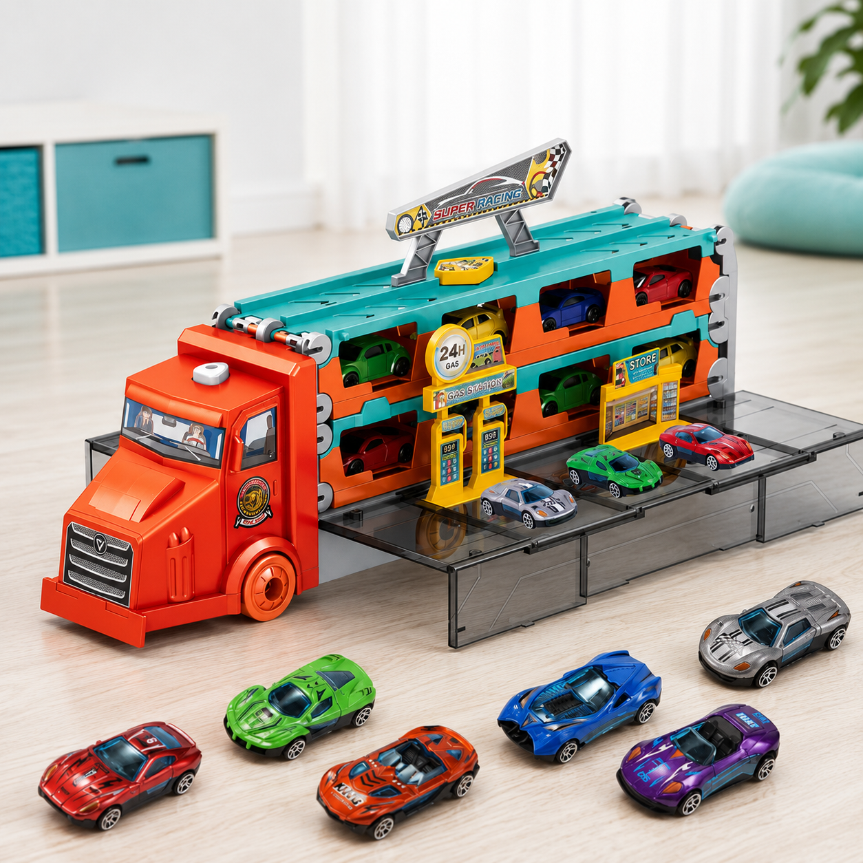 Großer Auto Transport Truck mit Rennstrecke & 6 Autos Rot