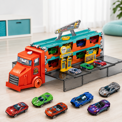 Großer Auto Transport Truck mit Rennstrecke & 6 Autos Rot