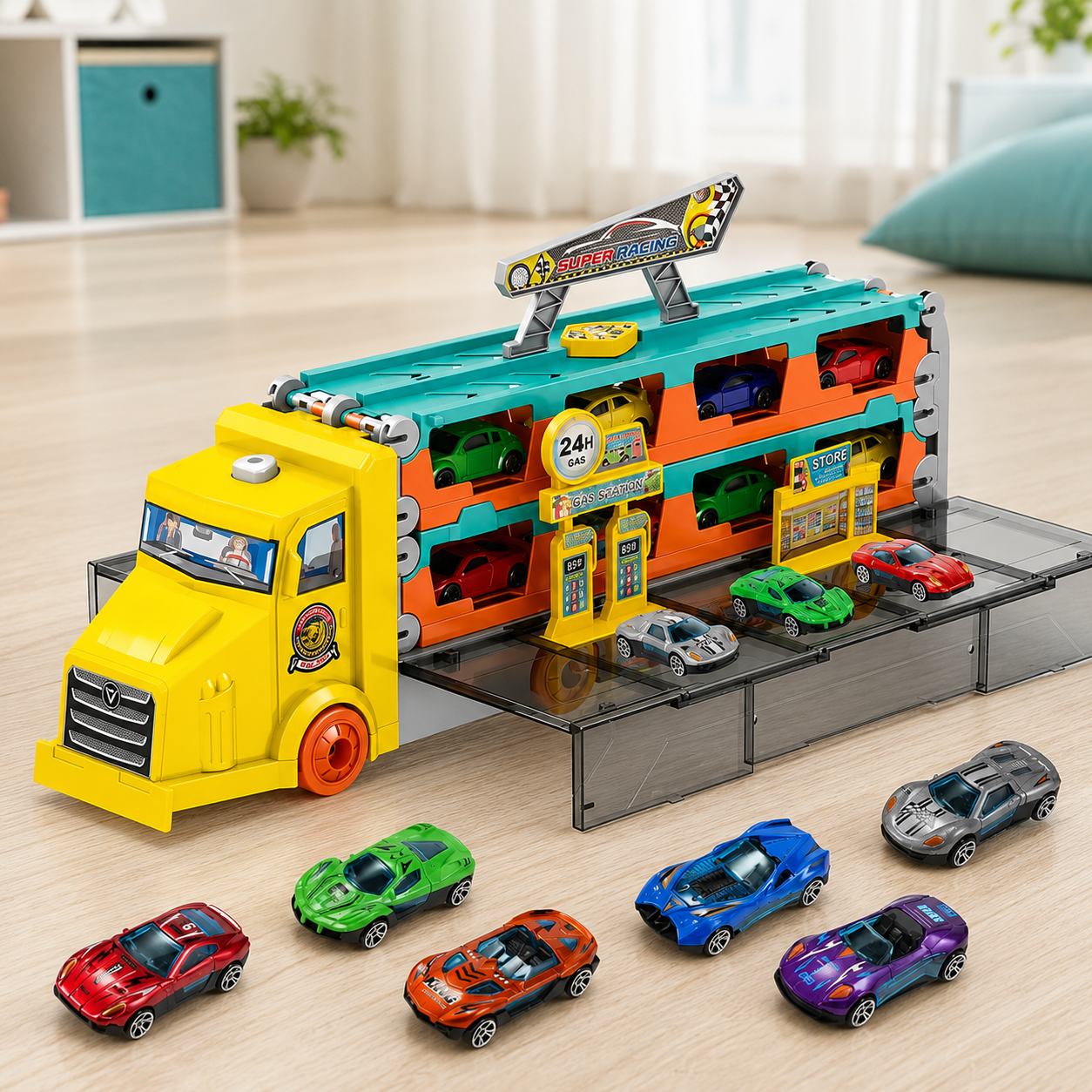 Großer Auto Transport Truck mit Rennstrecke & 6 Autos Gelb