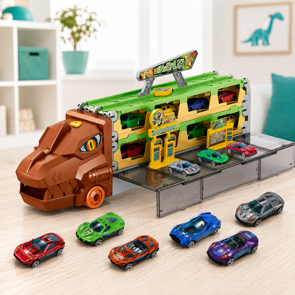 Großer Auto Transport Truck mit Rennstrecke & 6 Autos Braun