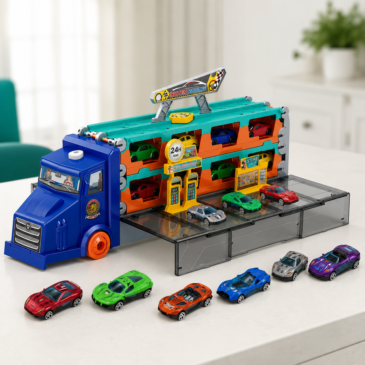 Großer Auto Transport Truck mit Rennstrecke & 6 Autos Blau