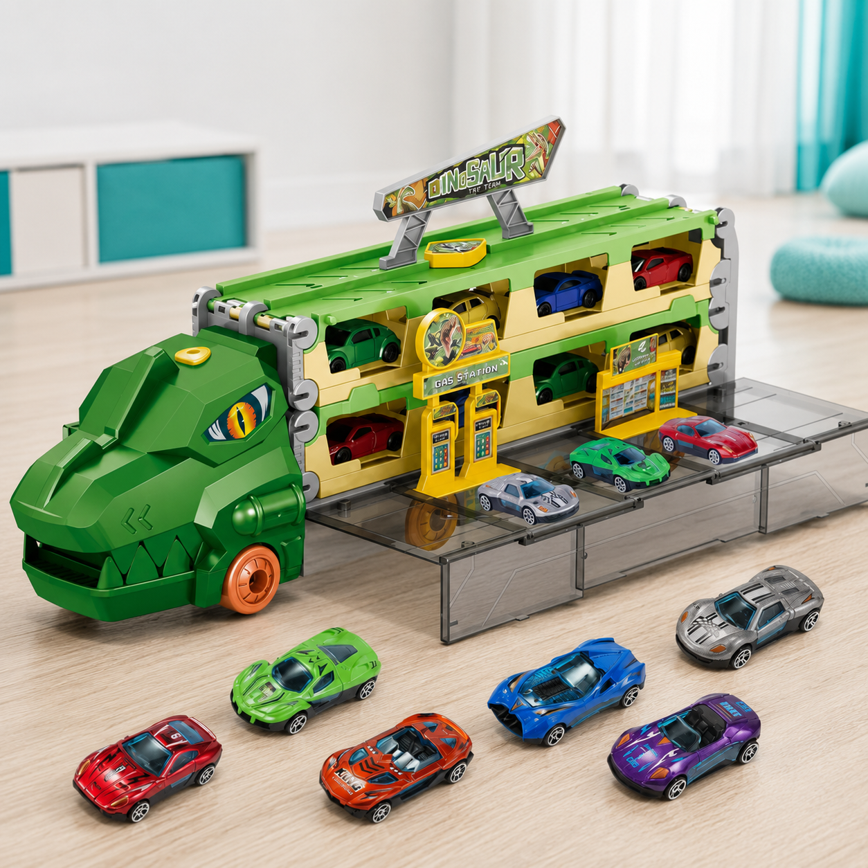 Großer Auto Transport Truck mit Rennstrecke & 6 Autos Grün
