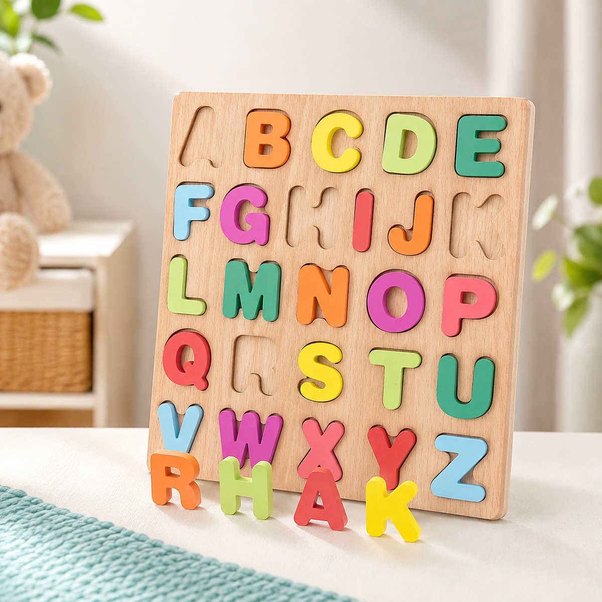 Buntes Alphabet-Holzpuzzle – Lernspiel für Kinder mit Zahlen & Formen