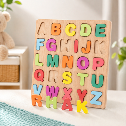 Buntes Alphabet-Holzpuzzle – Lernspiel für Kinder mit Zahlen & Formen
