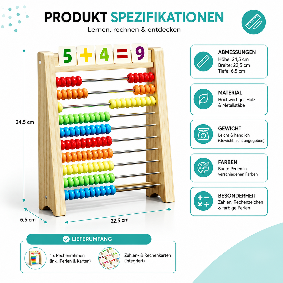Holz-Rechenrahmen mit 100 Perlen – spielerisch Mathe lernen