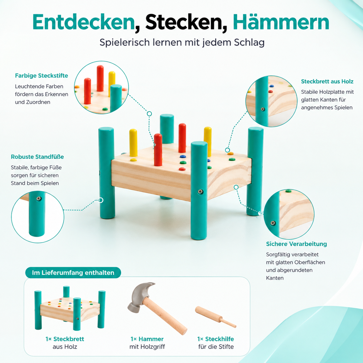 Rundes Holz-Steckbrett für Kinder – Lernen, Hämmern & Staunen