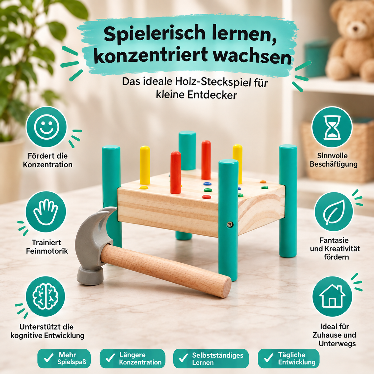 Rundes Holz-Steckbrett für Kinder – Lernen, Hämmern & Staunen