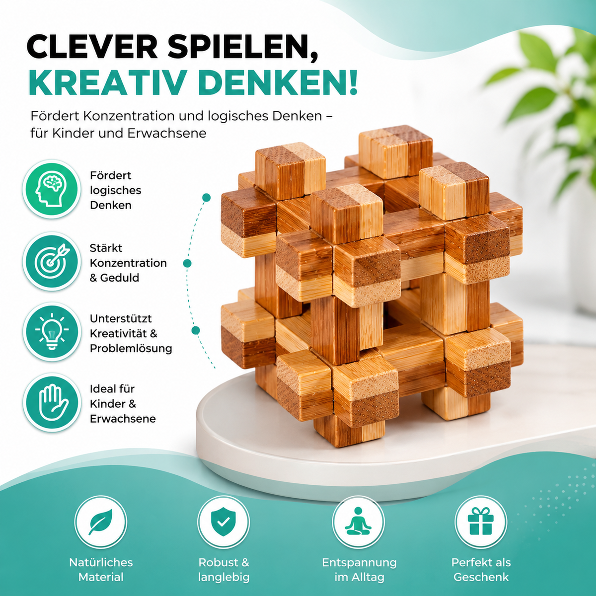 Holz IQ Puzzle – Kong Ming Denkspiel für Kinder & Erwachsene