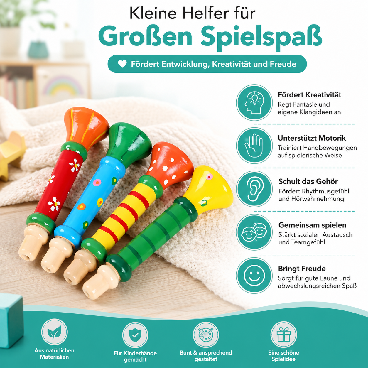 Holz Trompete für Kinder – Montessori Klang & Lernspaß