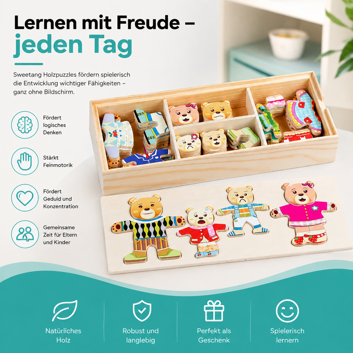 Lernspielzeug aus Holz – Tierpuzzle zum Formen- & Outfitwechsel