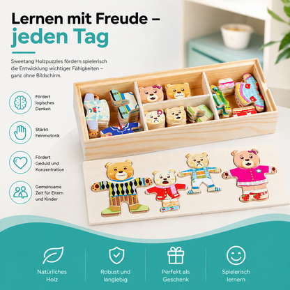 Lernspielzeug aus Holz – Tierpuzzle zum Formen- & Outfitwechsel