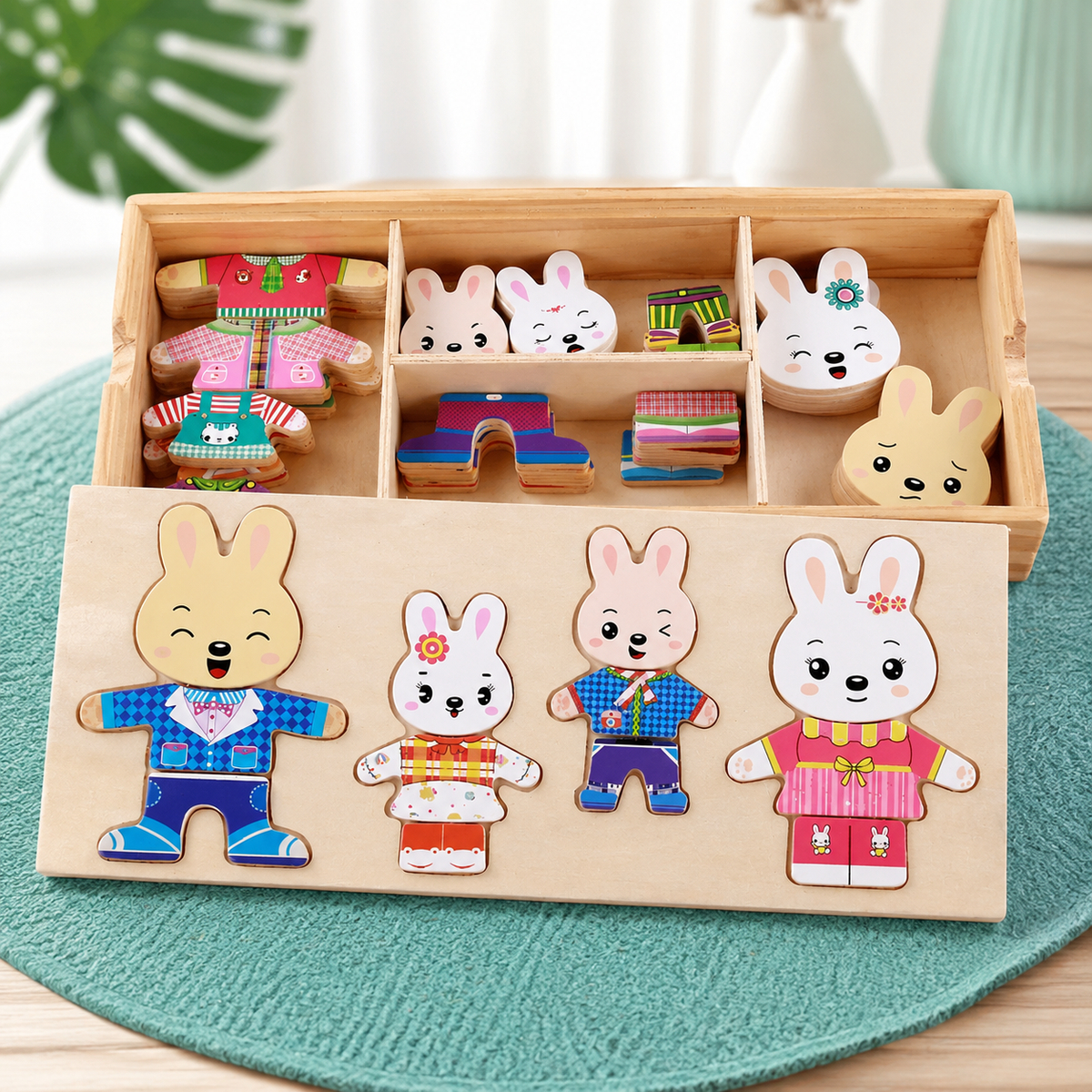 Lernspielzeug aus Holz – Tierpuzzle zum Formen- & Outfitwechsel