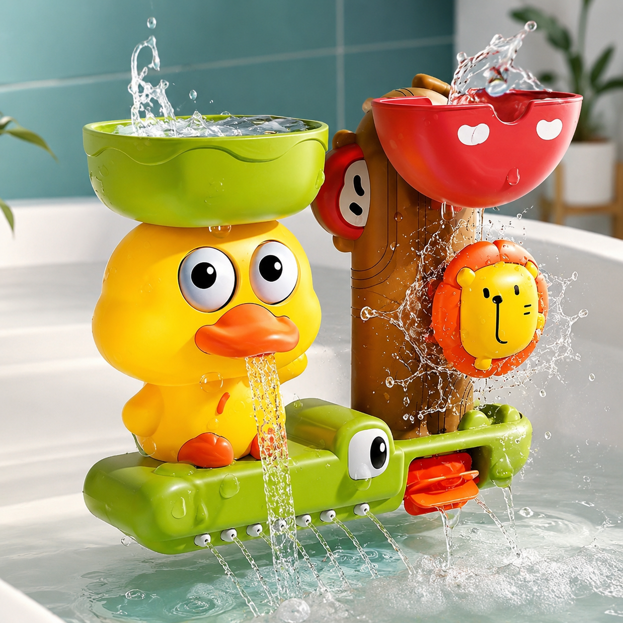 Karikatur Badeente mit Wasserrad – Spielspaß beim Baden für Kinder