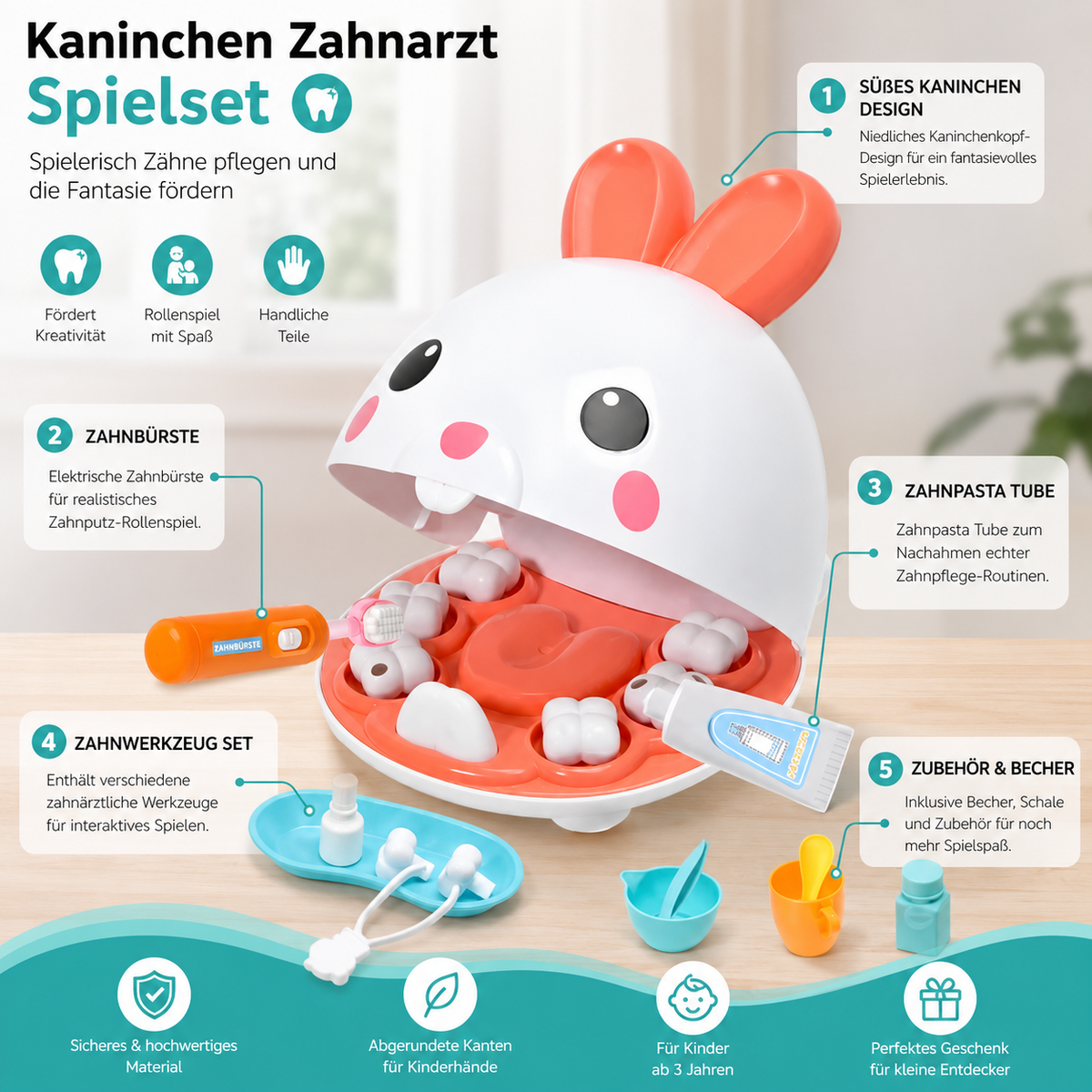 Kaninchen-Zahnarzt-Spielzeugset – Lustiges Zahnspiel für kleine Entdecker