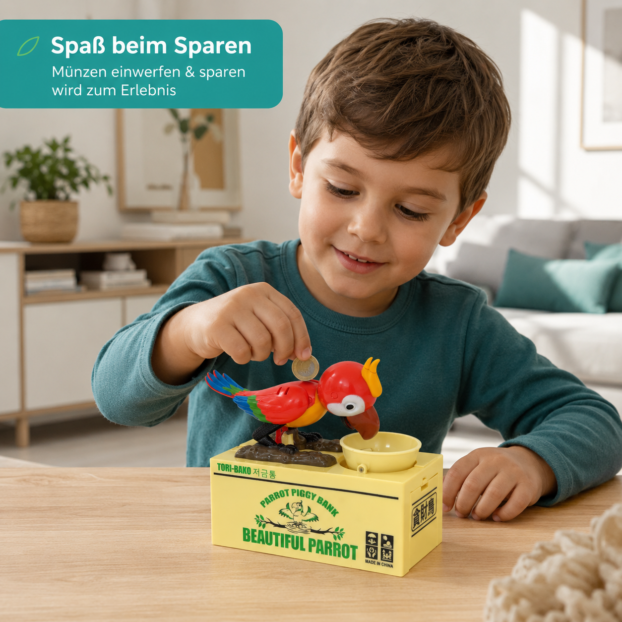 Sprechendes Papageien-Sparschwein – Spielerisch Geld sparen lernen