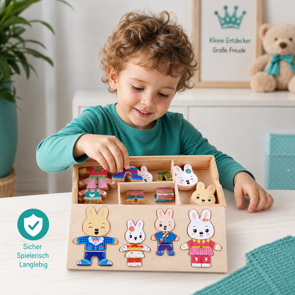 Lernspielzeug aus Holz – Tierpuzzle zum Formen- & Outfitwechsel