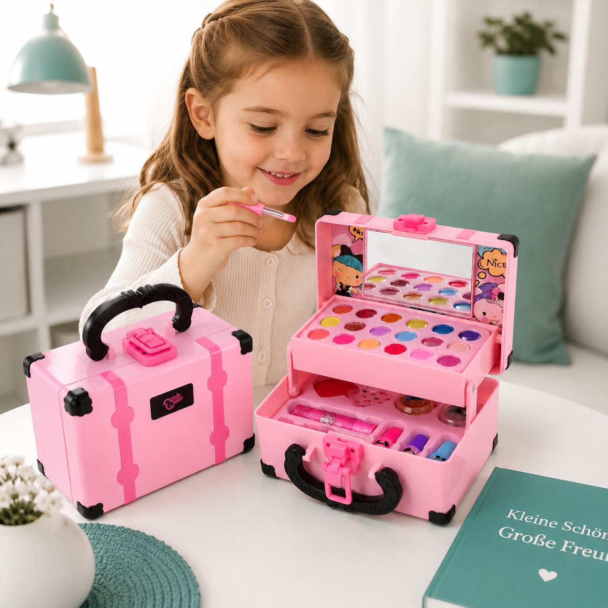 Mädchen spielt mit dem rosa Kinder Schminkset mit Spiegel und bunten Schminkfarben