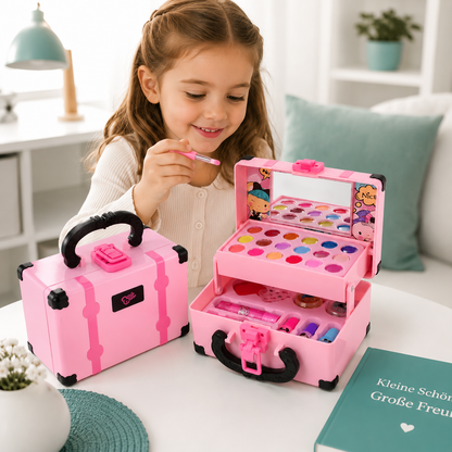 Mädchen spielt mit dem rosa Kinder Schminkset mit Spiegel und bunten Schminkfarben